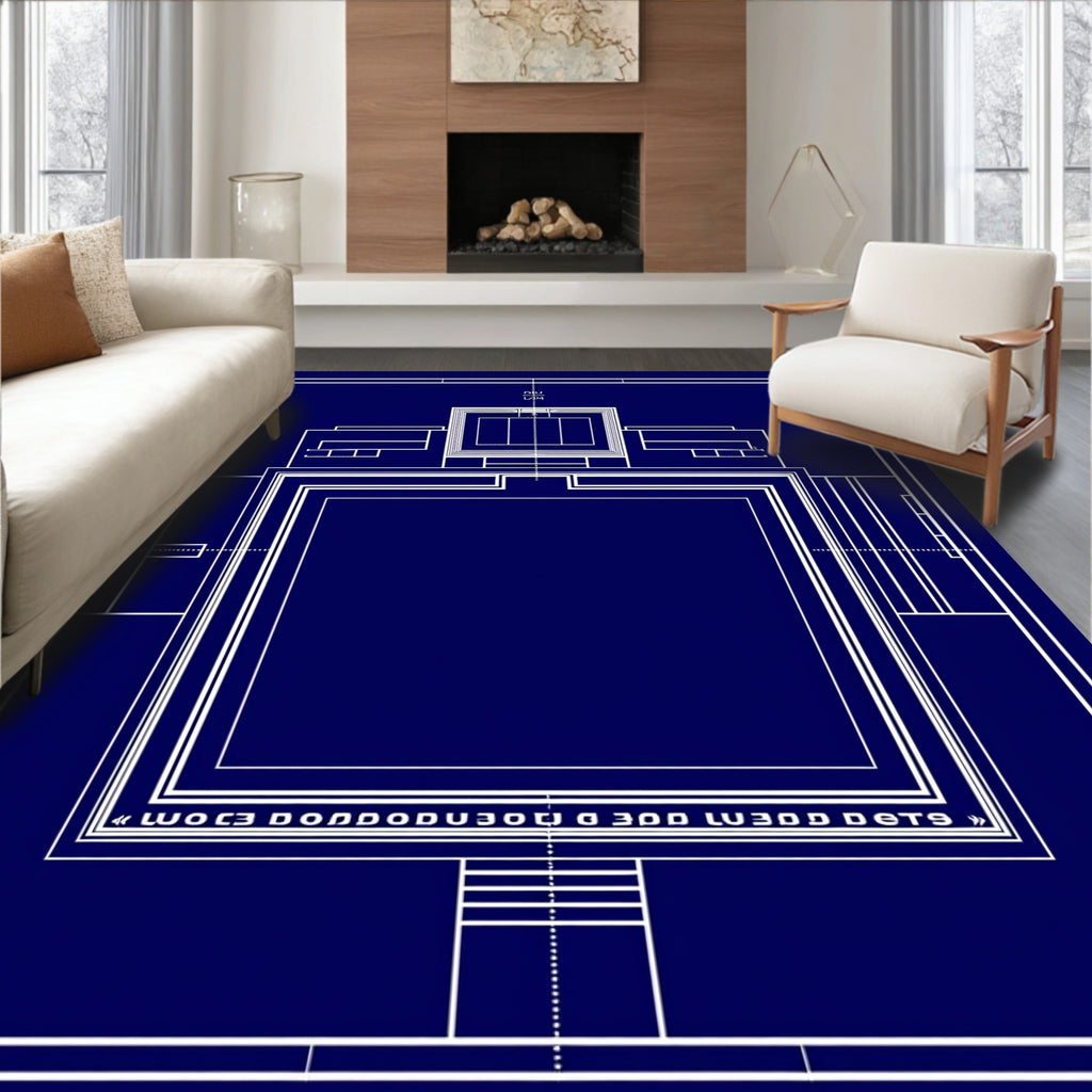 Minimalist Blue Geometric Blueprint Rug