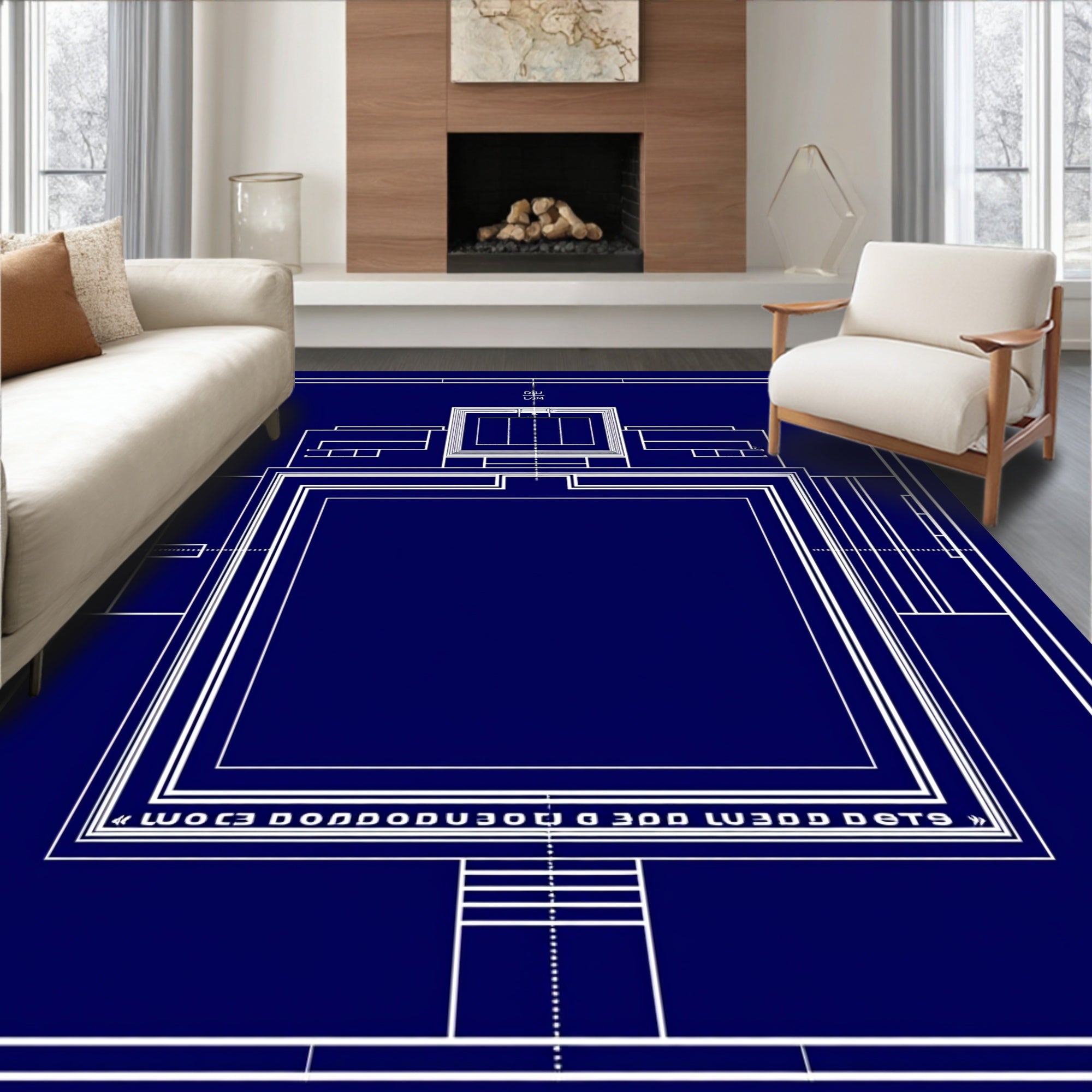 Minimalist Blue Geometric Blueprint Rug