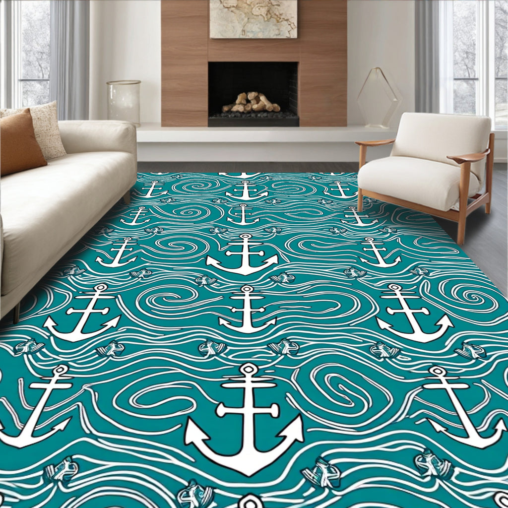 Teal Nautical Anchor Waves Rug
