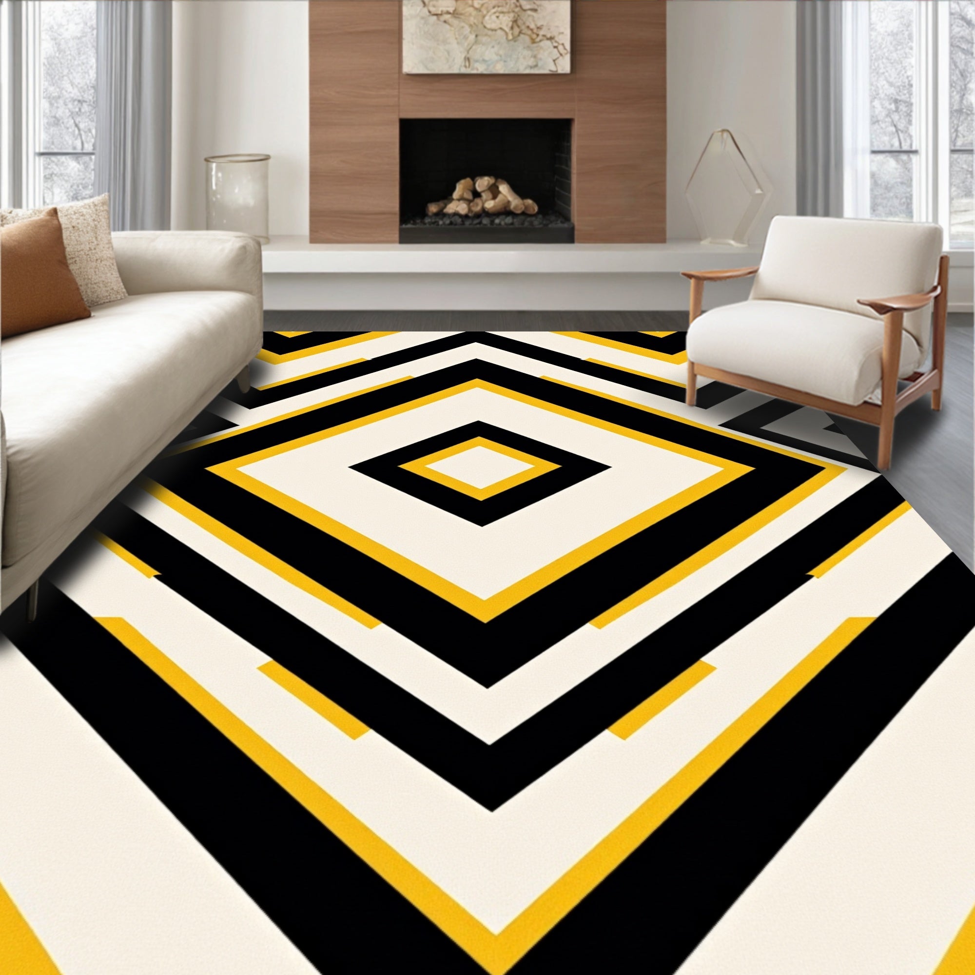 Bold Black Yellow Diamond Chevron Rug
