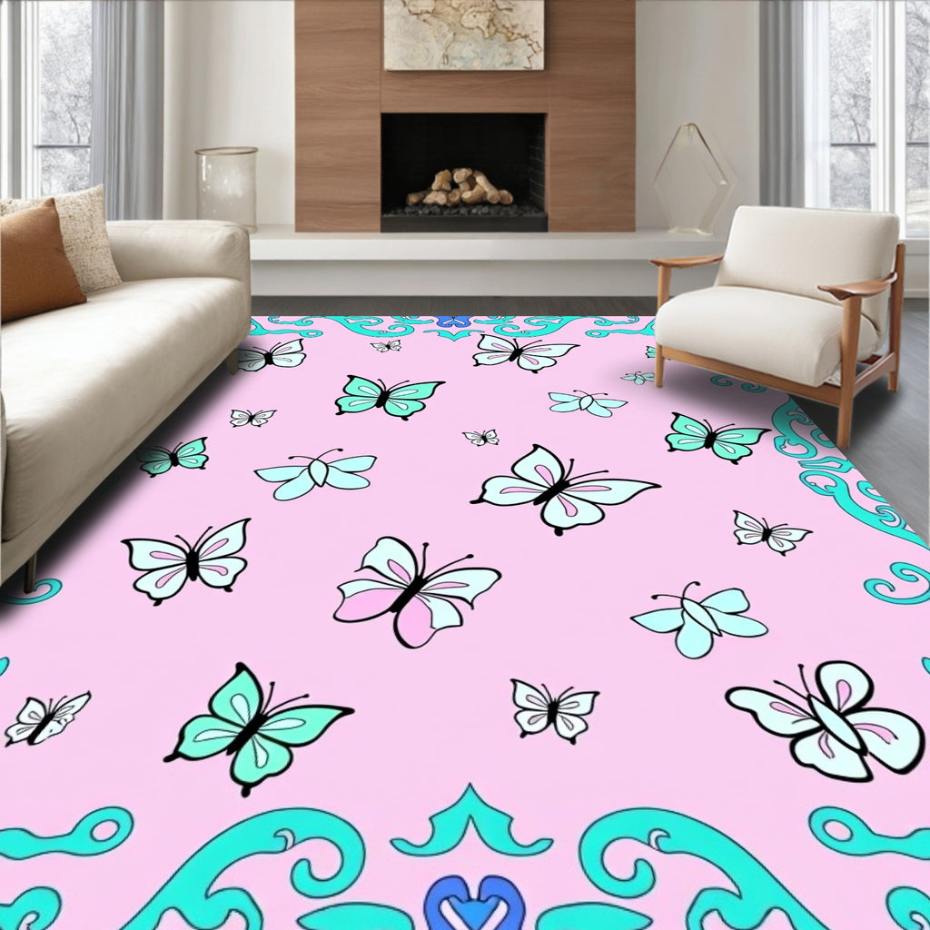 Pink Butterflies Turquoise Blue Swirls Rug