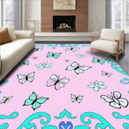 Pink Butterflies Turquoise Blue Swirls Rug
