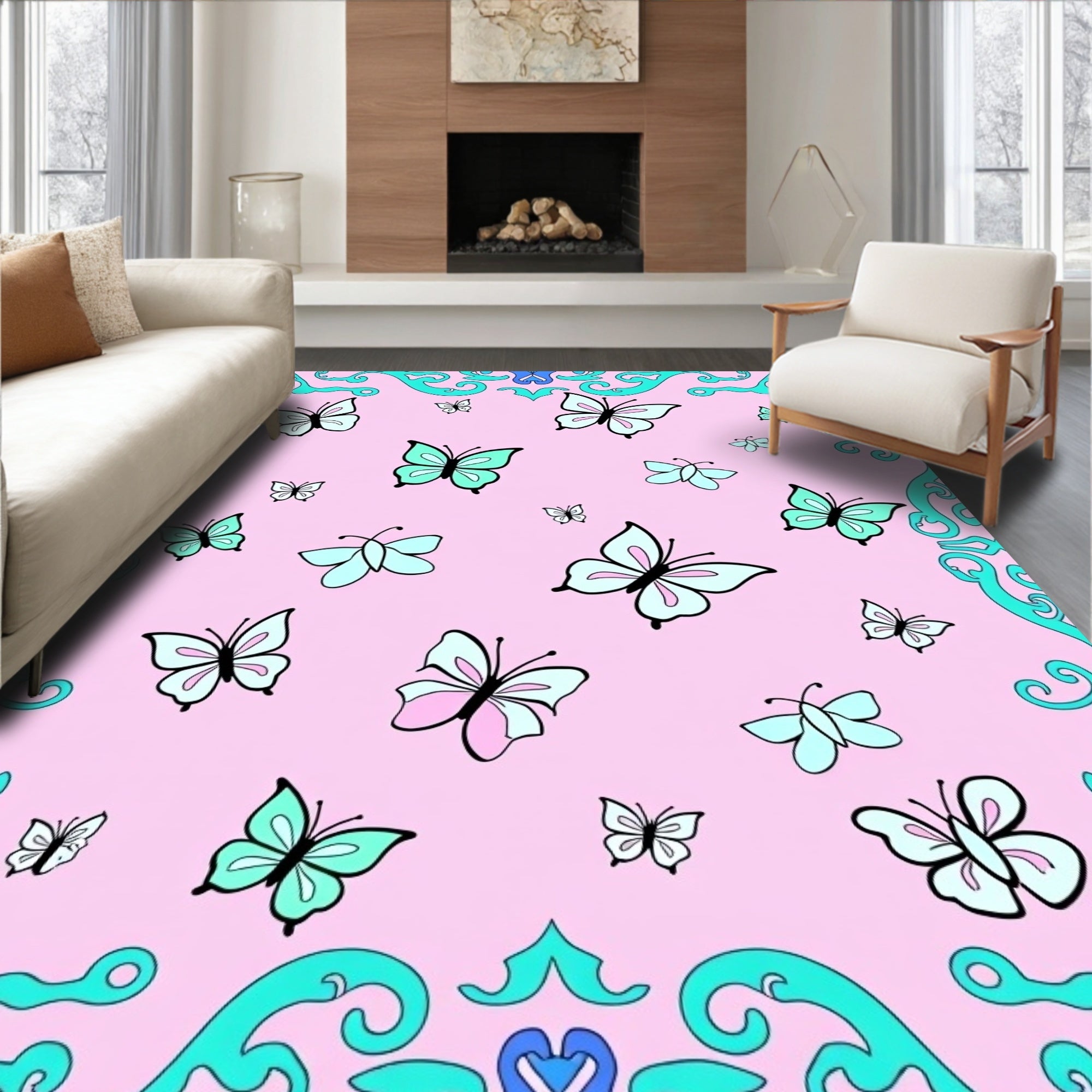 Pink Butterflies Turquoise Blue Swirls Rug
