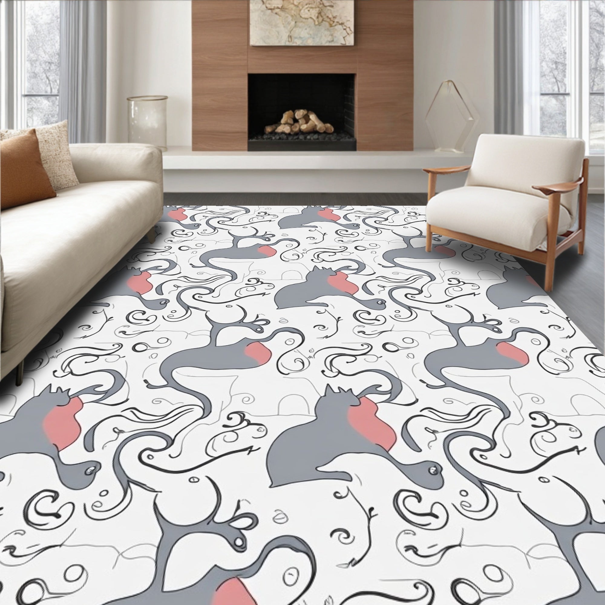 Gray Pink Cat Swirl Abstract Rug