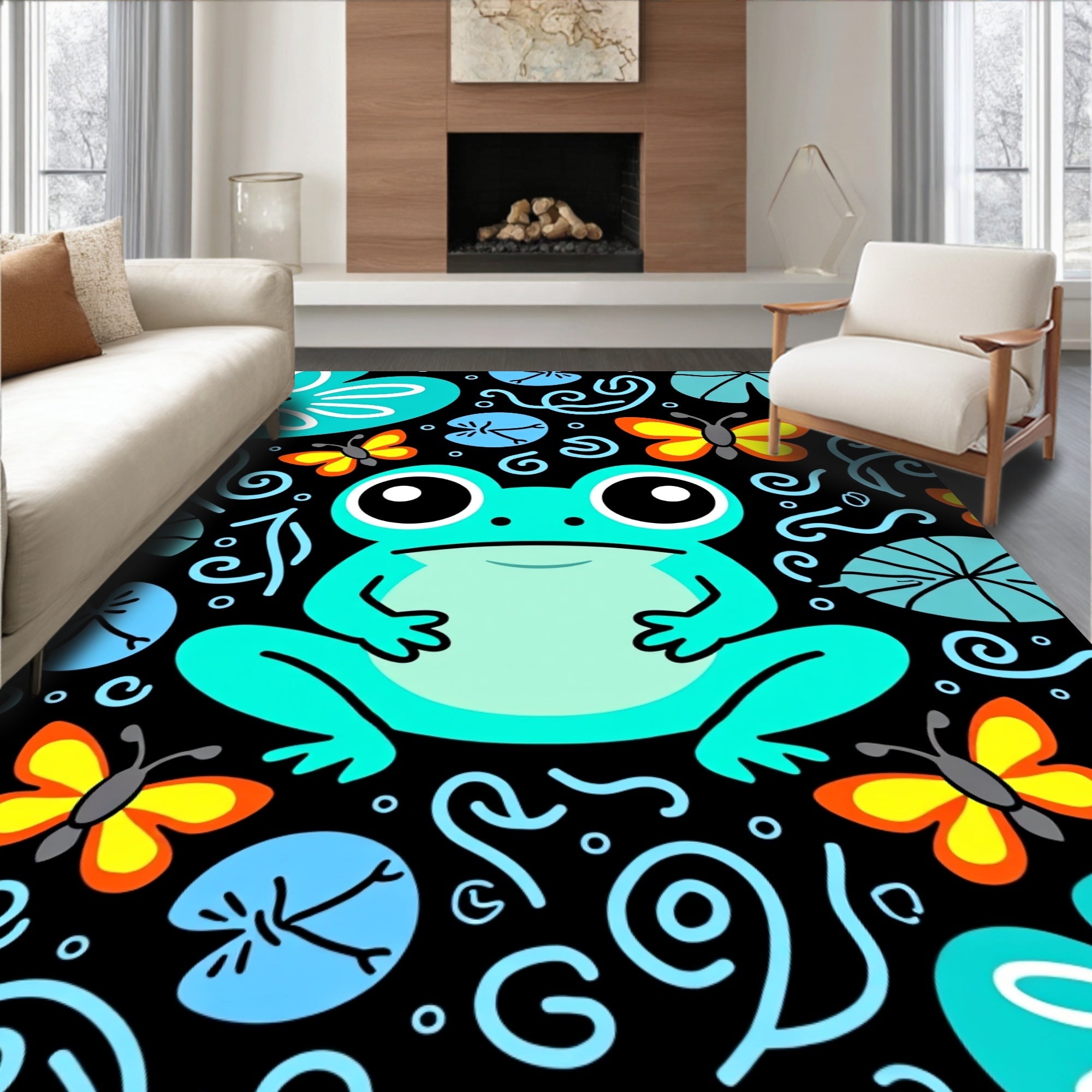 Whimsical Teal Frog Butterfly Pond Rug