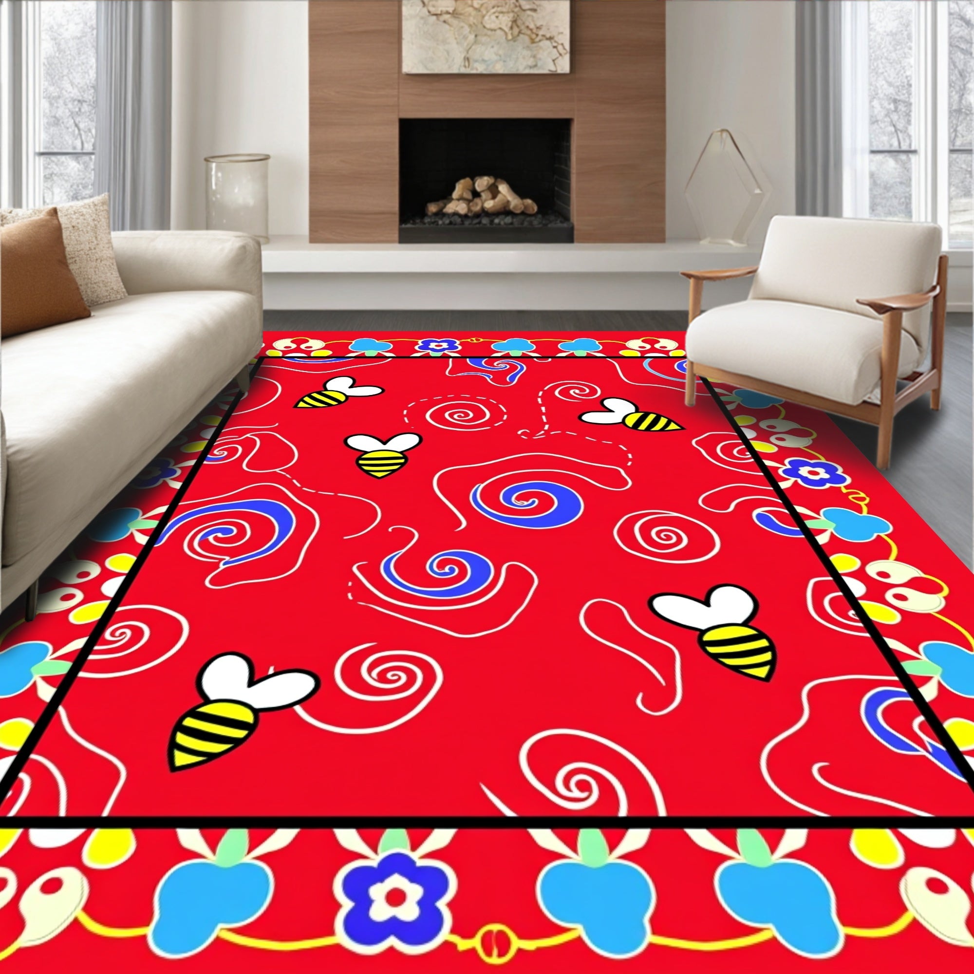 Whimsical Red Bee Swirl Border Rug