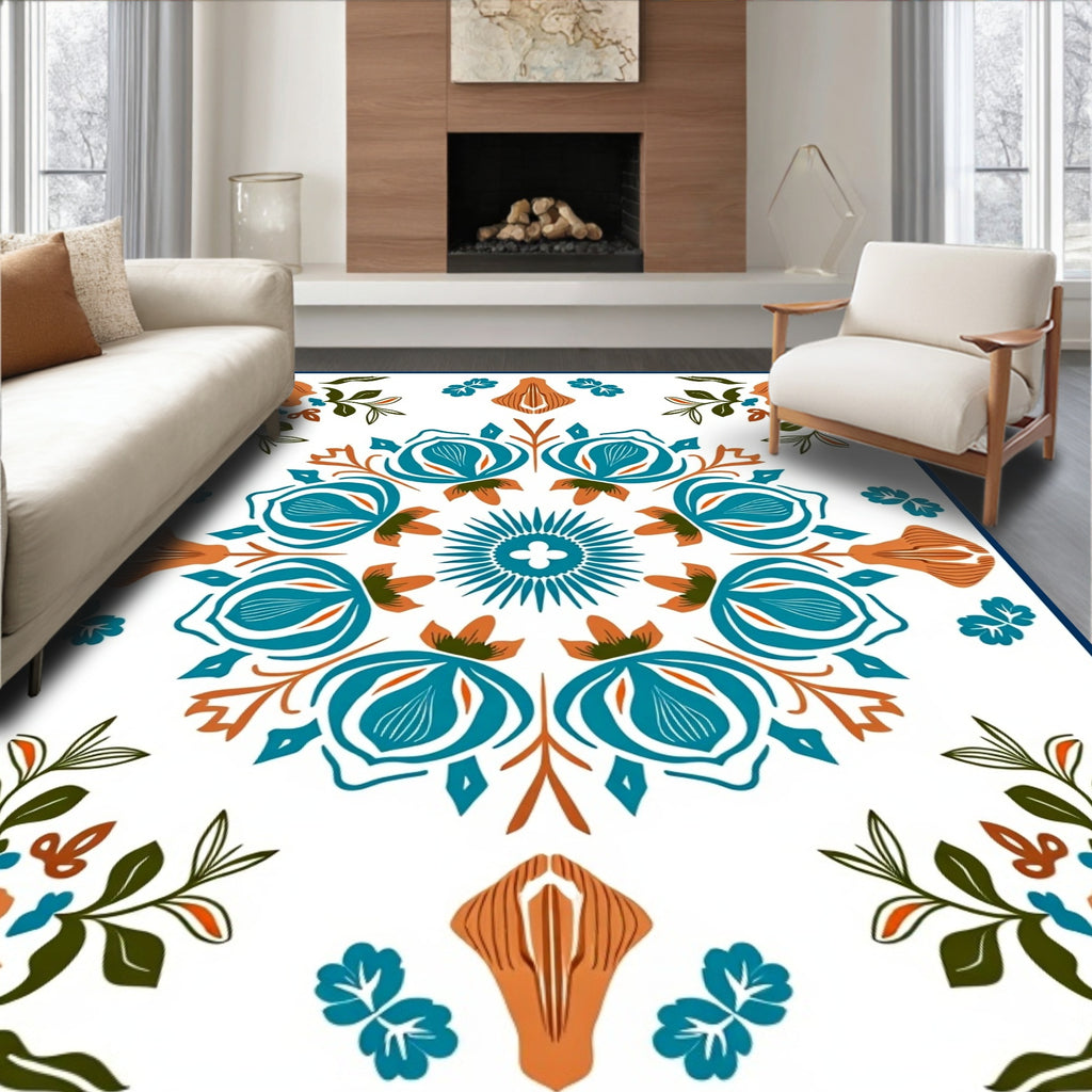 Teal Orange Floral Medallion Art Rug