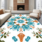 Teal Orange Floral Medallion Art Rug