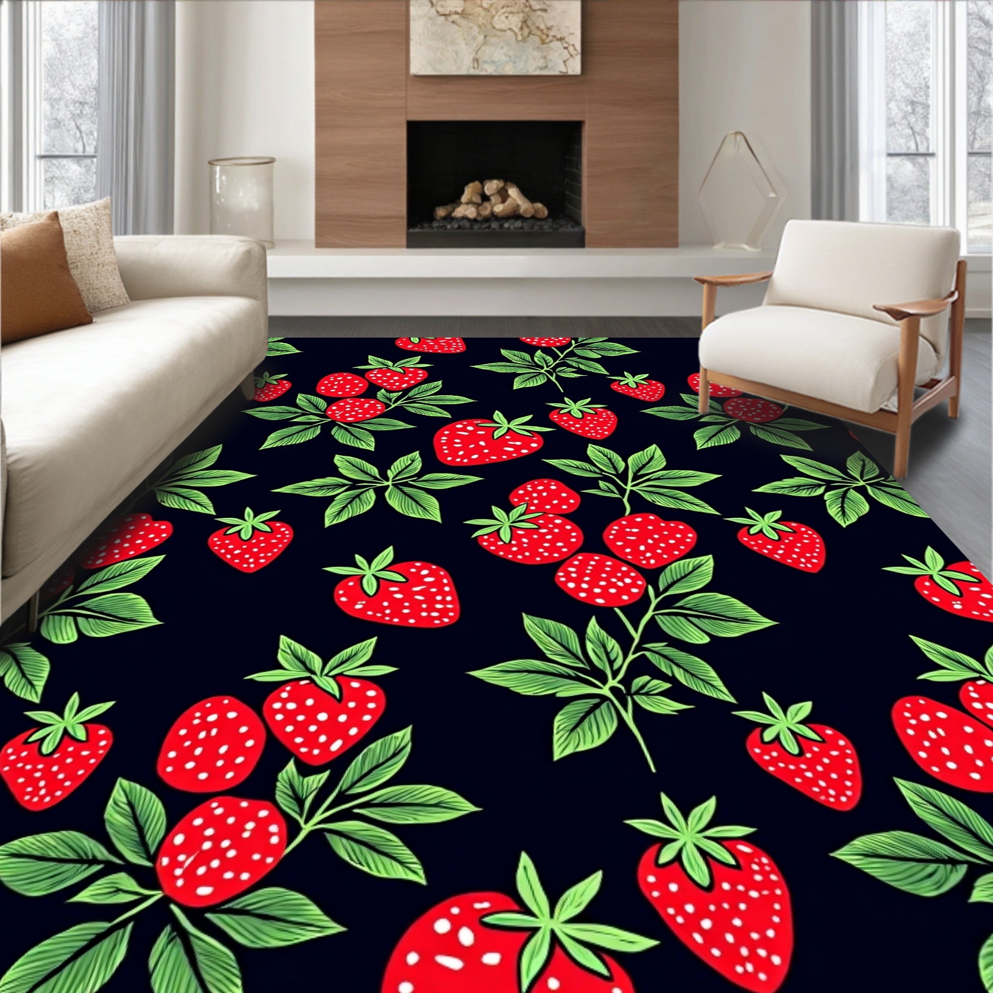 Red Strawberry Foliage Dark Background Rug