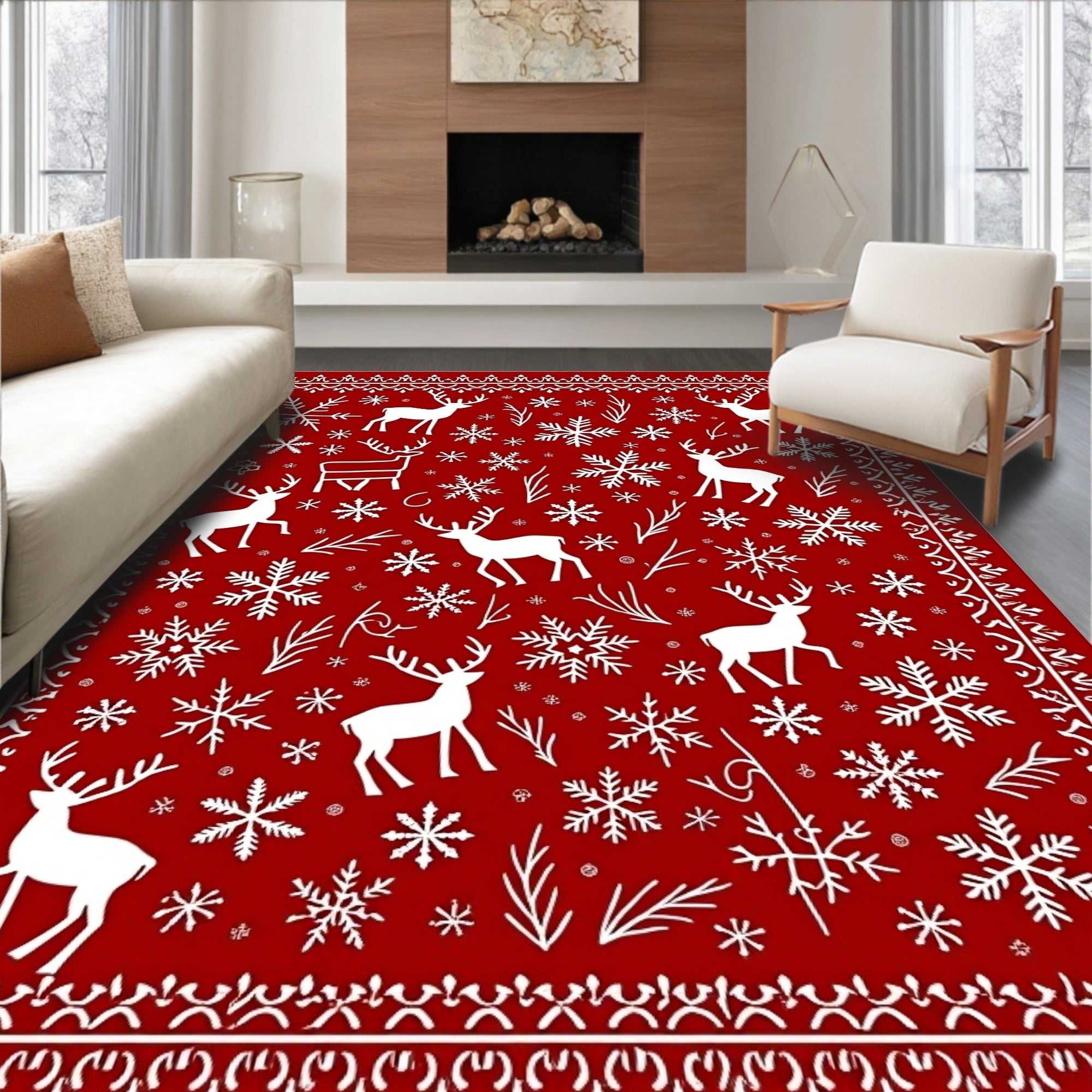 Festive Red White Reindeer Snowflakes Border Rug