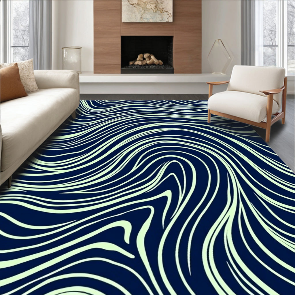 Navy Swirling Ivory Lines Rug