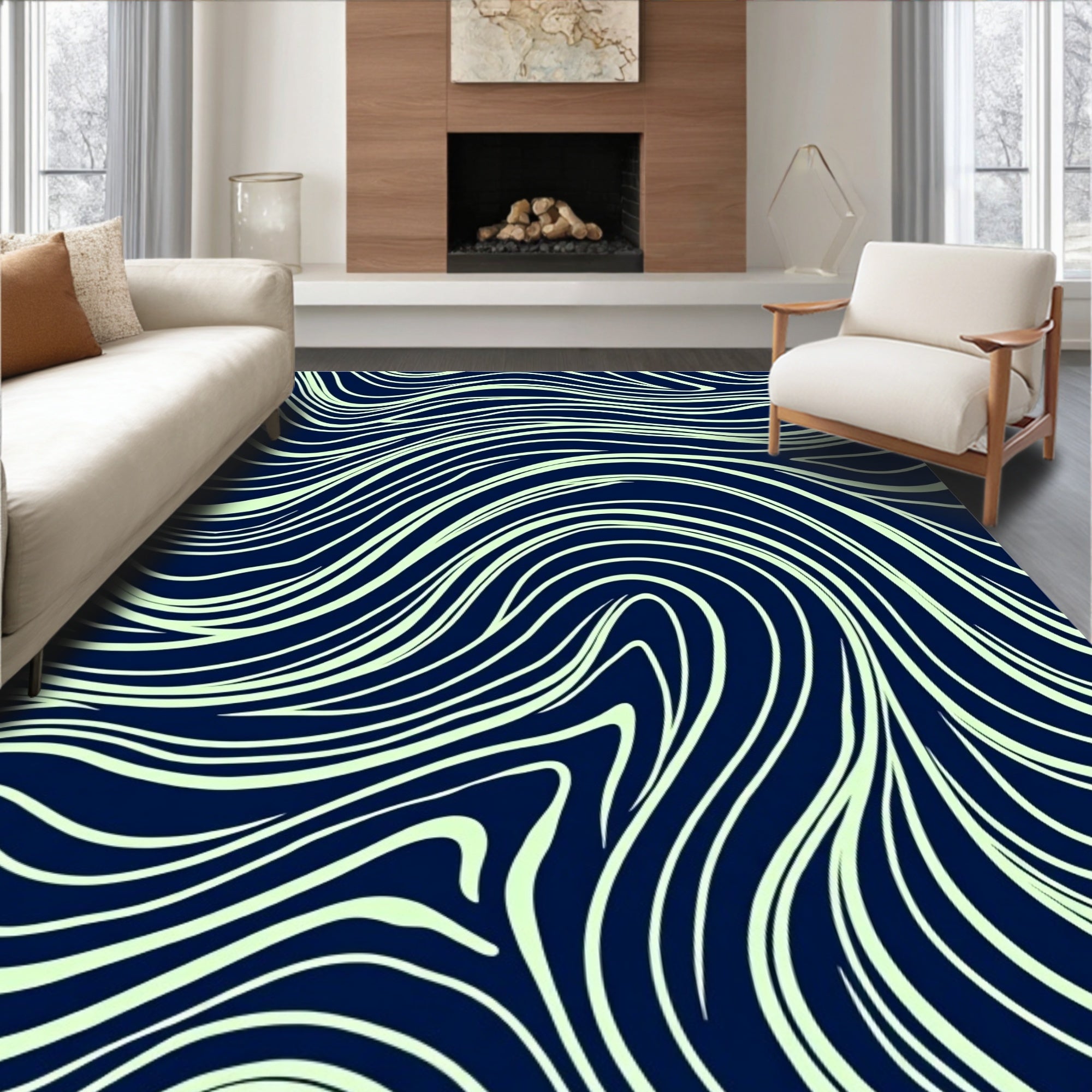 Navy Swirling Ivory Lines Rug