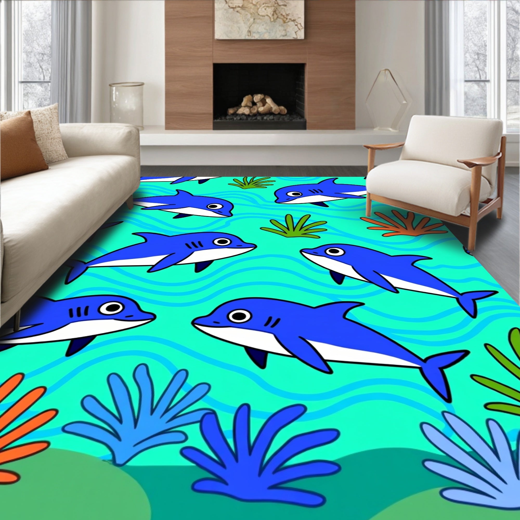 Whimsical Blue Sharks Ocean Scene Rug