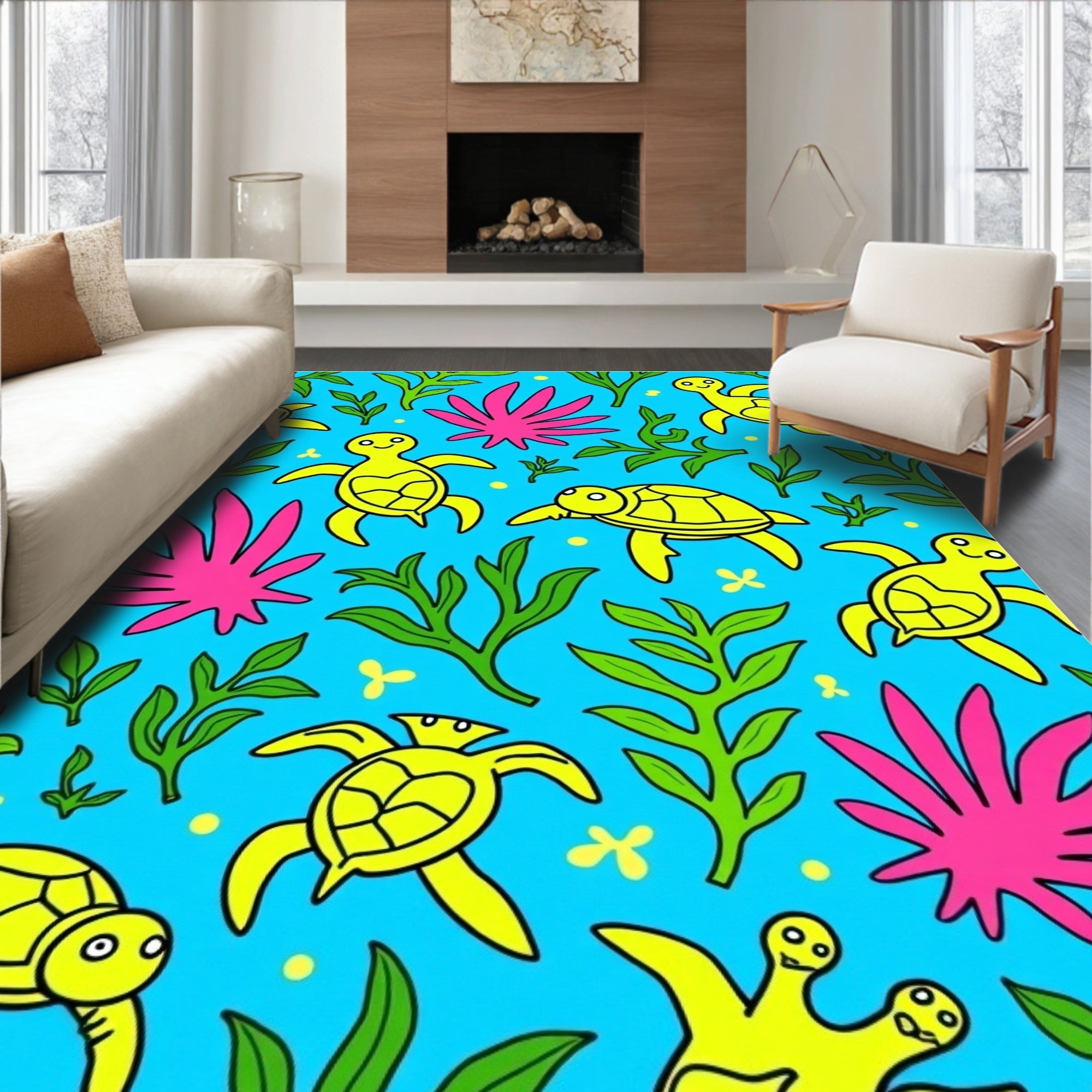Whimsical Yellow Turtle Ocean Floor Rug