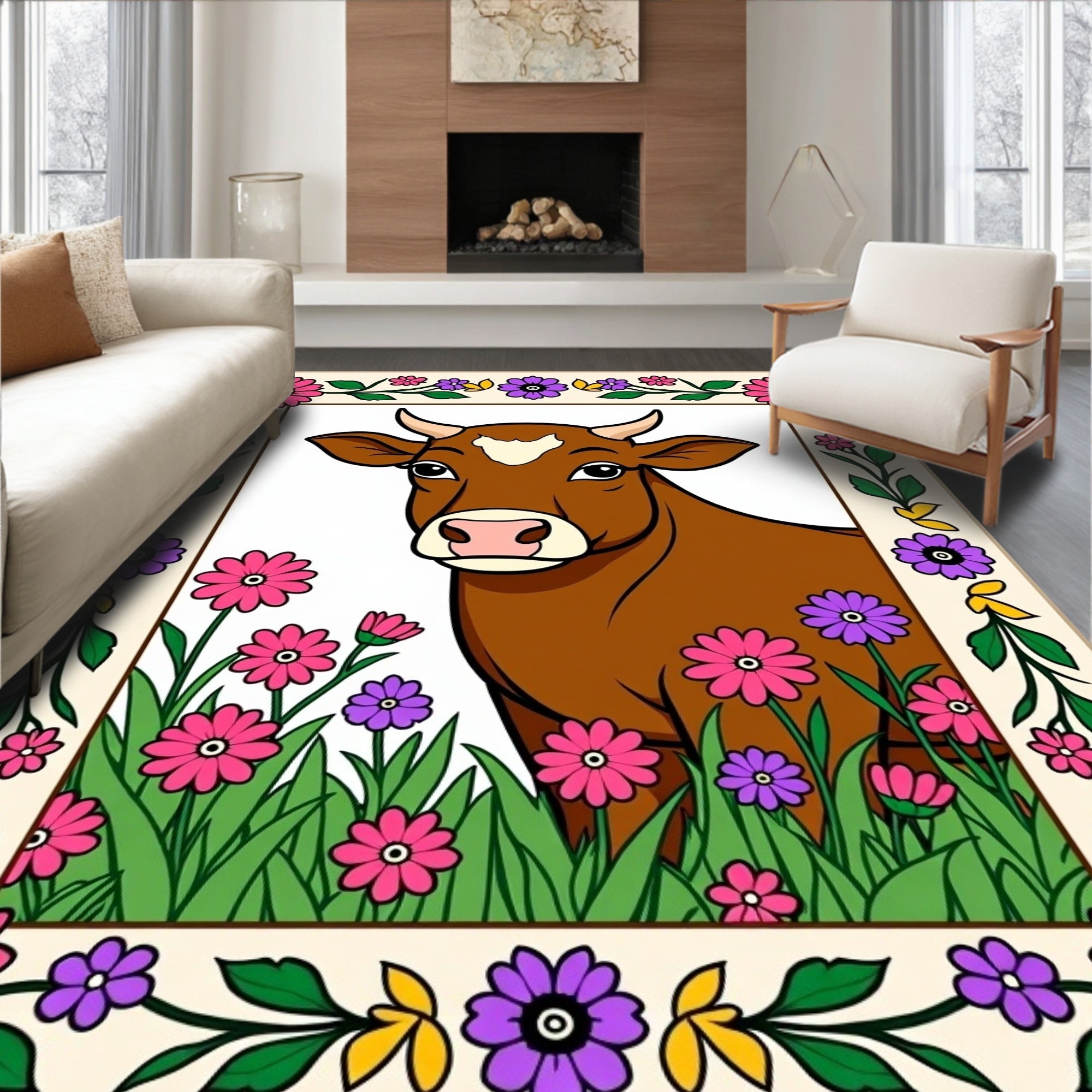 Farmhouse Brown Cow Floral Garden Rug