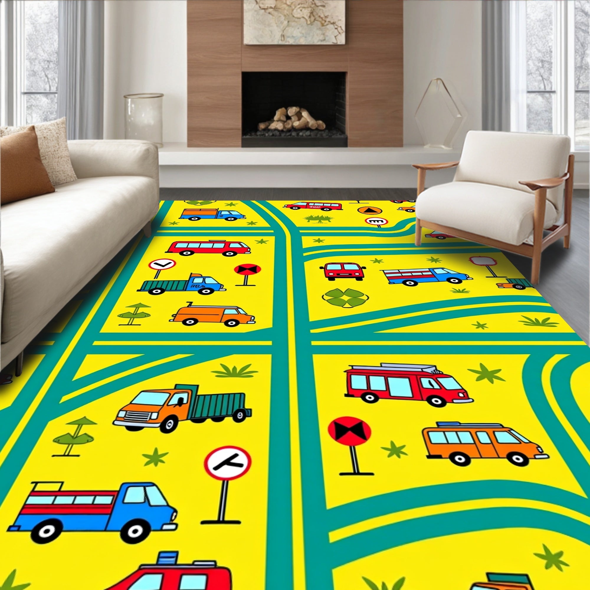 Bright Yellow Cartoon Vehicle Road Map Rug