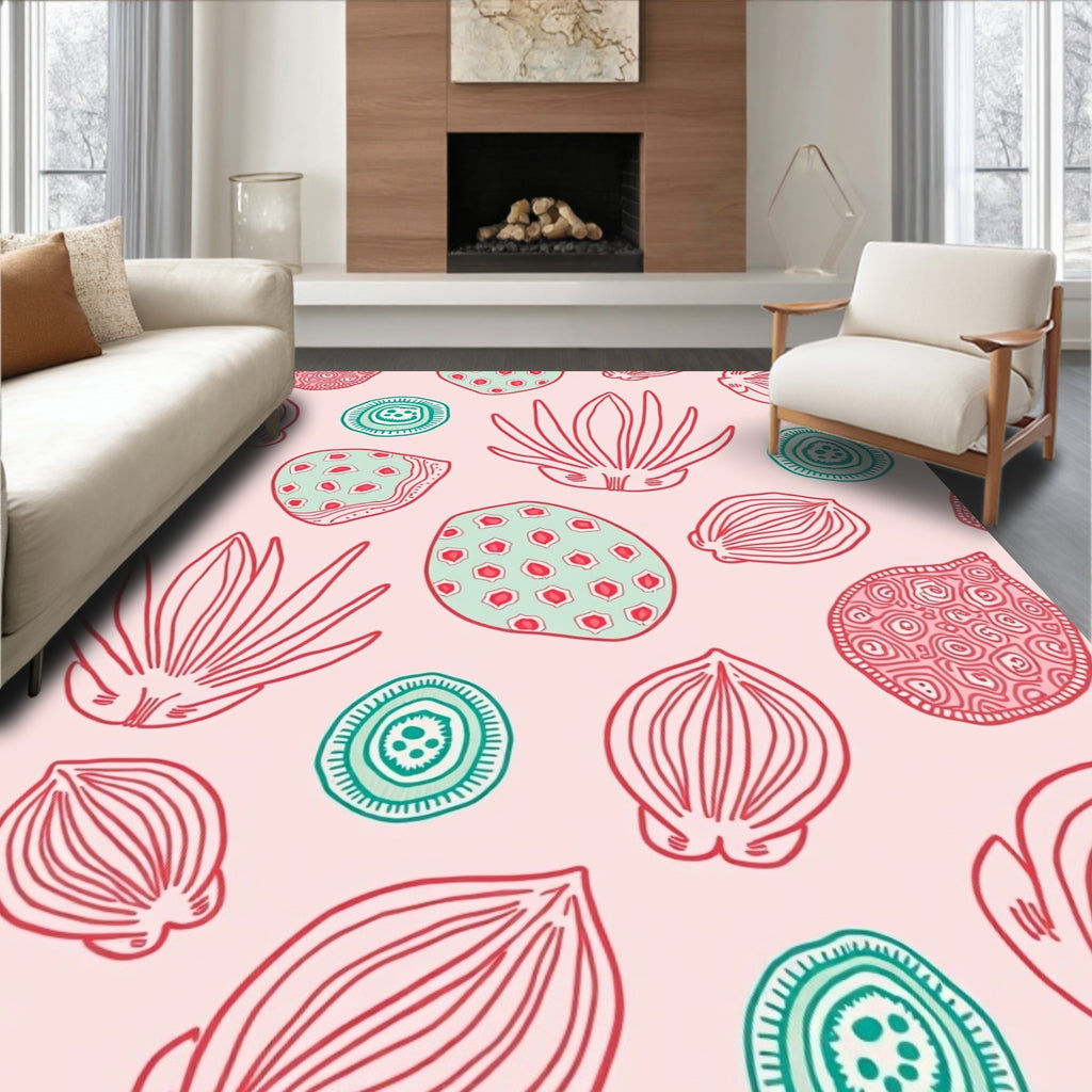 Pink Teal Red Organic Botanical Collage Rug