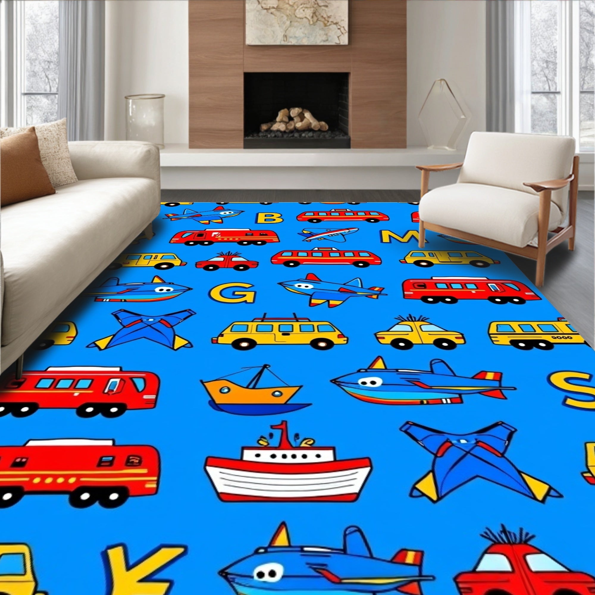 Red Yellow Blue Vehicles Alphabet Rug