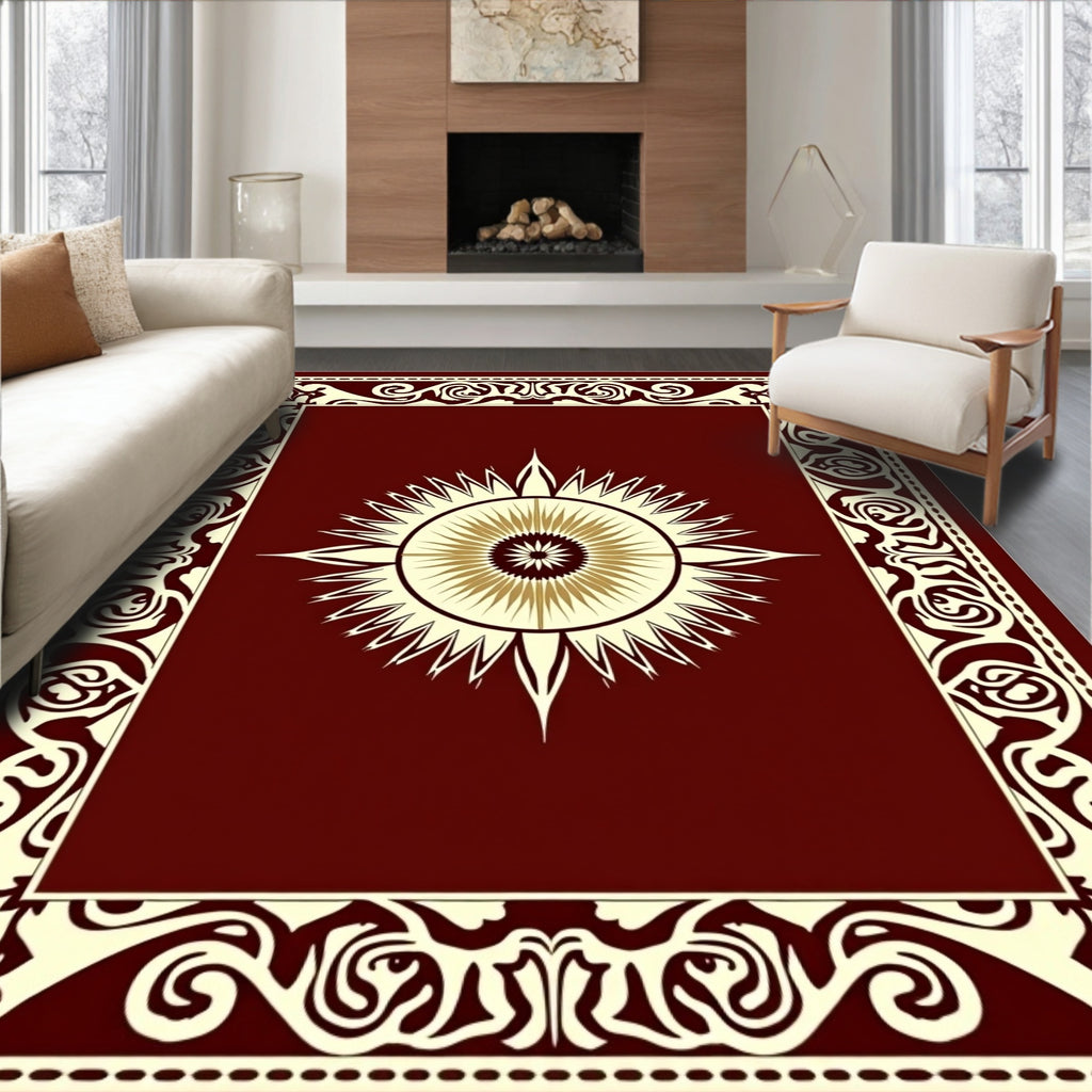 Crimson Sunburst Bordered Rug
