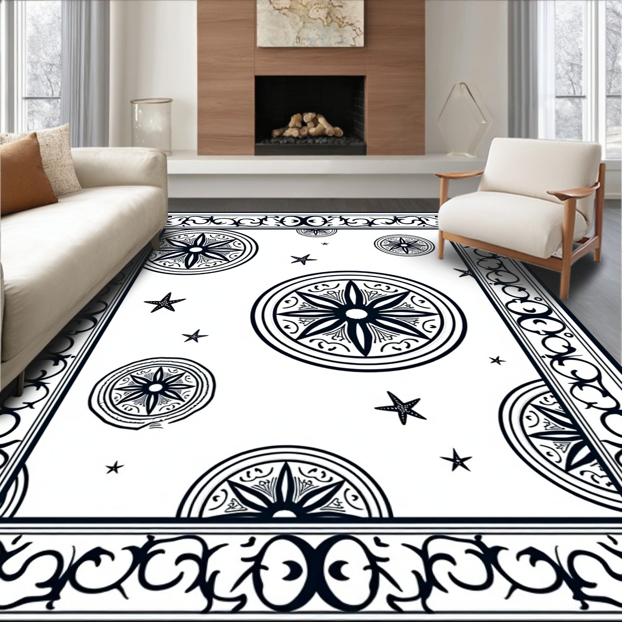 Nautical Black Starburst Medallion Border Rug