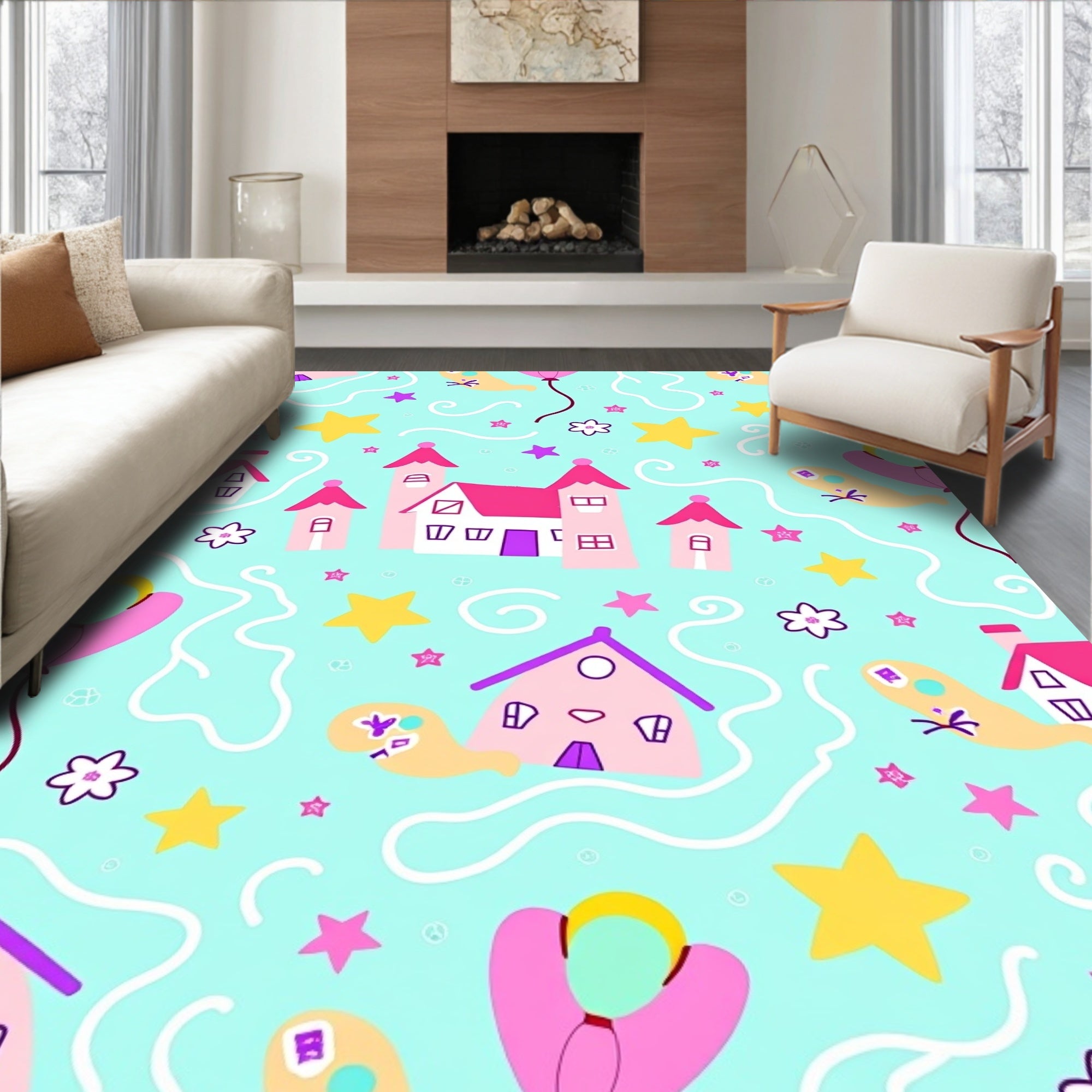 Pink Pastel Castle Whimsical Star Rug