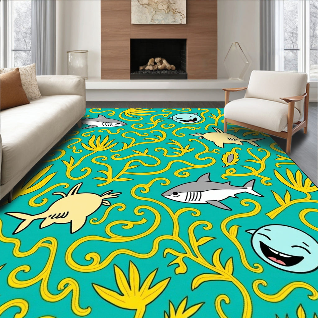 Whimsical Teal Shark Swirls Rug