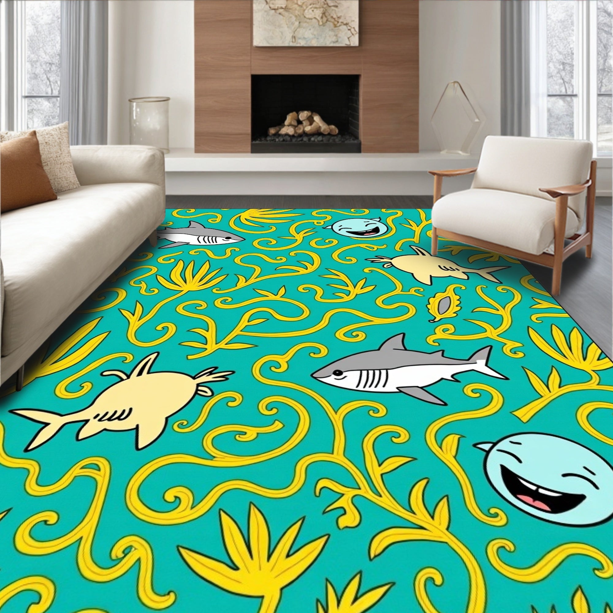 Whimsical Teal Shark Swirls Rug