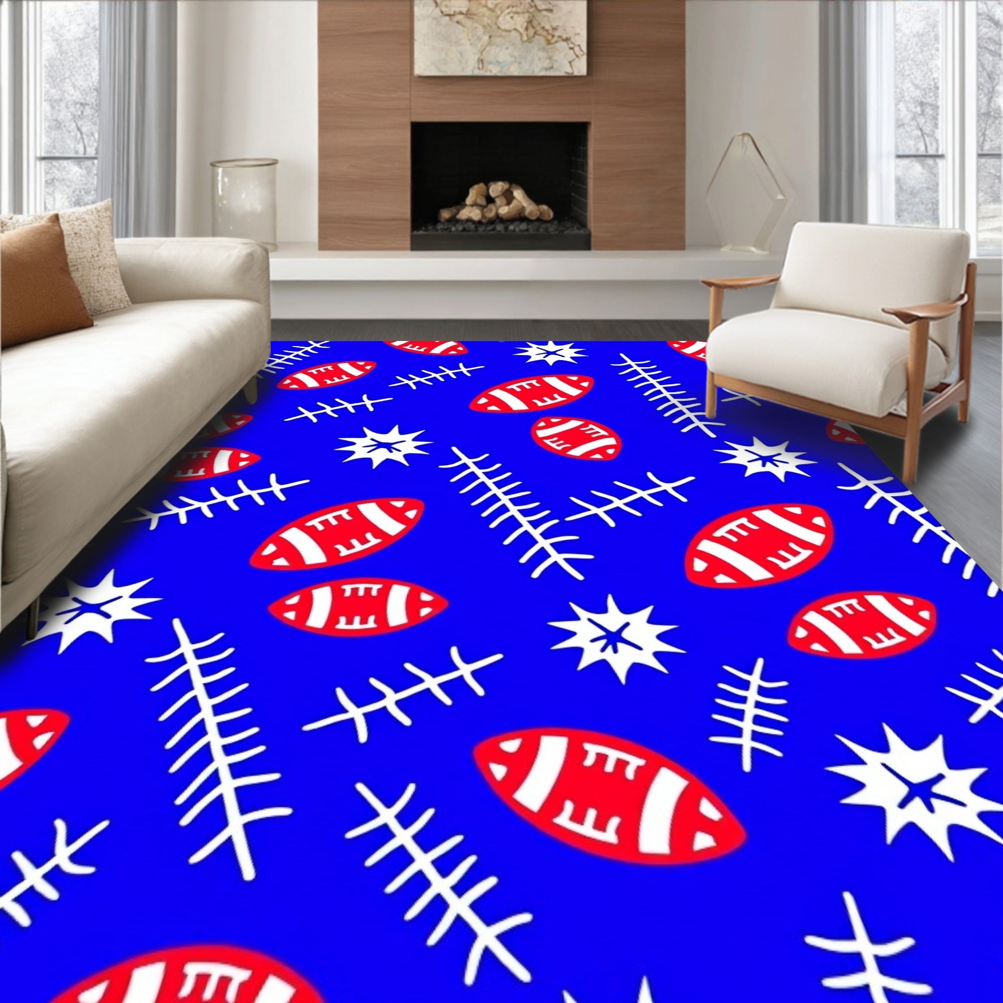 Red Football Star Branch Blue Rug