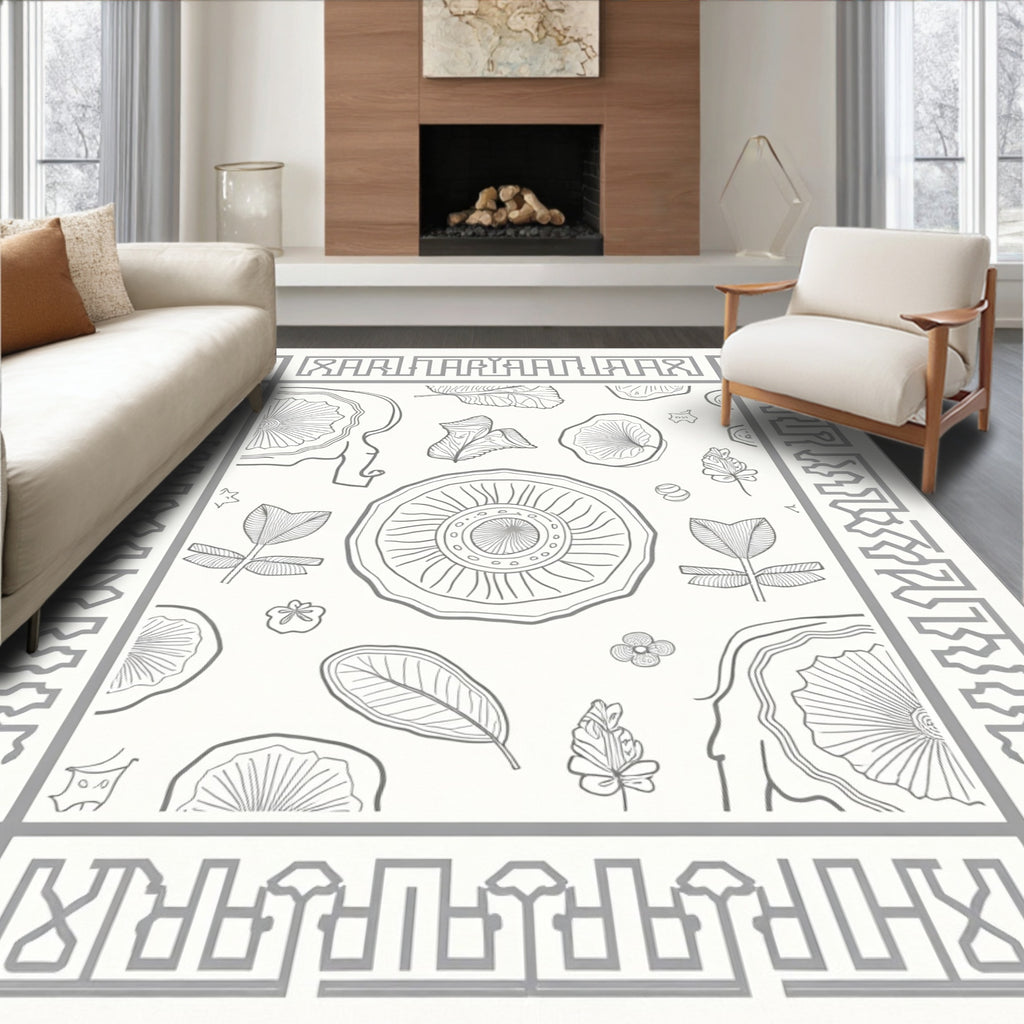 Gray Botanical Sketch Frame Rug