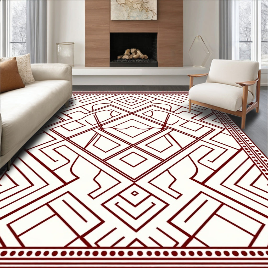 Deep Red Geometric Maze Border Rug