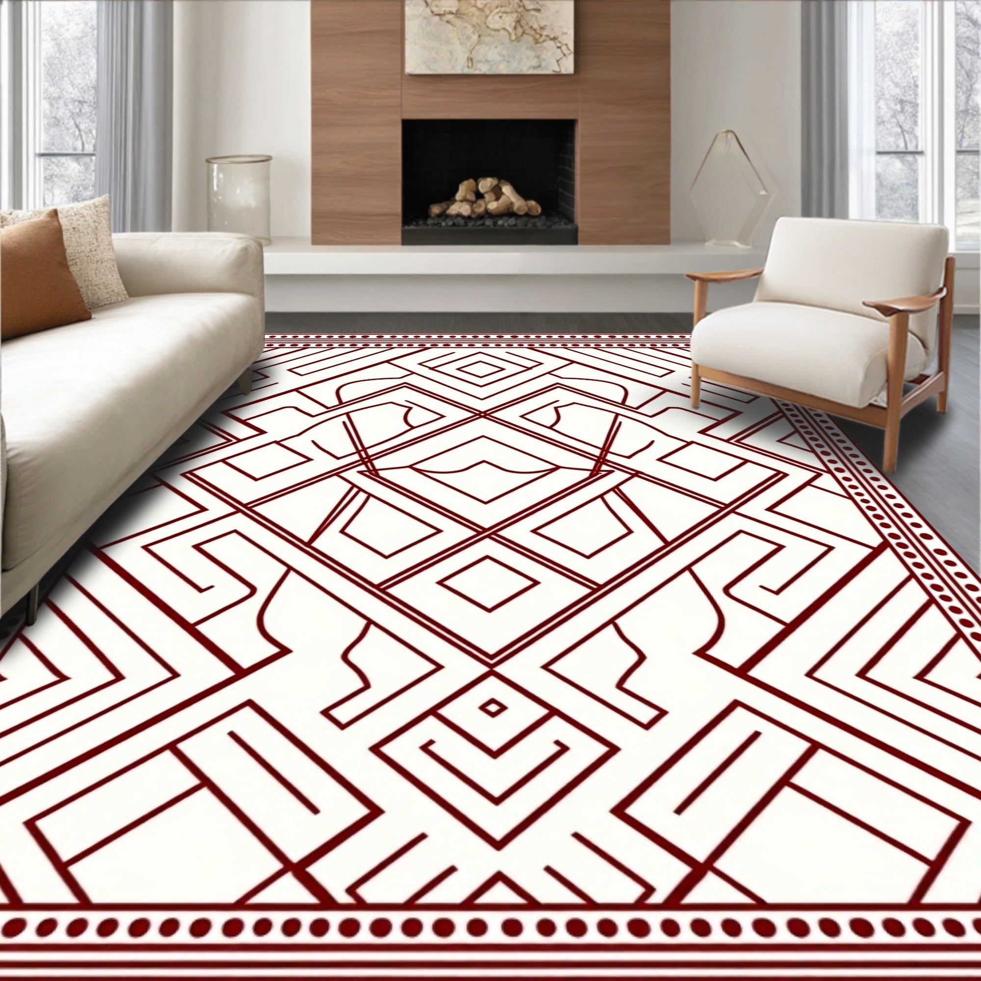 Deep Red Geometric Maze Border Rug