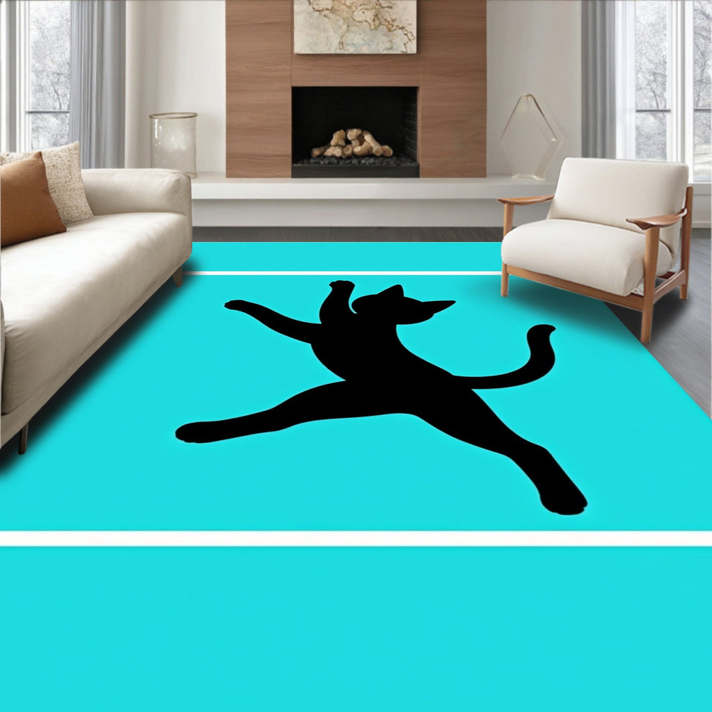 Black Silhouette Jumping Cat Turquoise Rug
