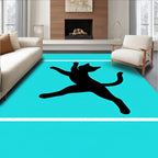 Black Silhouette Jumping Cat Turquoise Rug