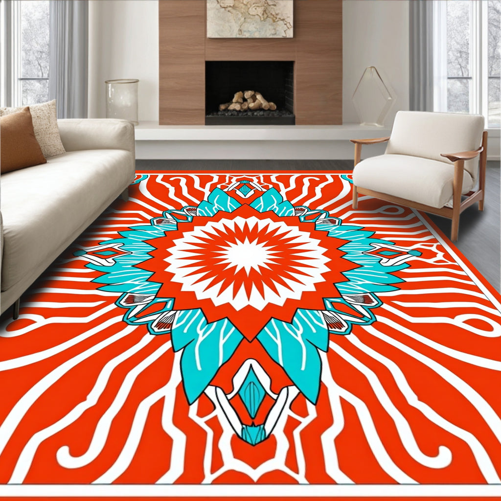 Vibrant Sunburst Medallion Coral Blue Rug