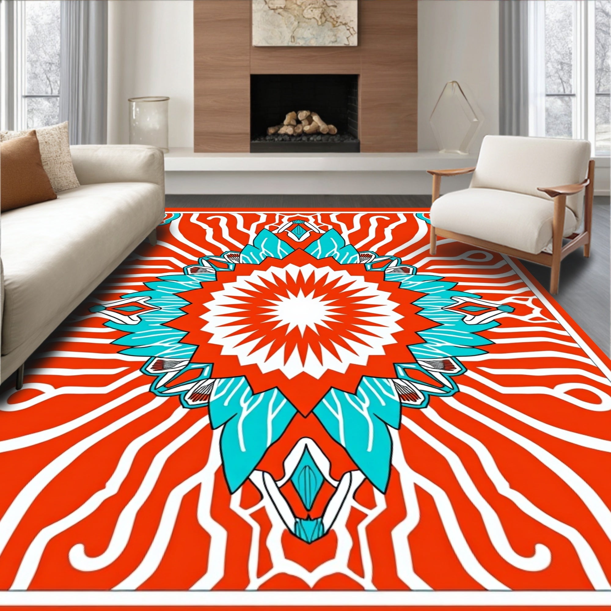Vibrant Sunburst Medallion Coral Blue Rug