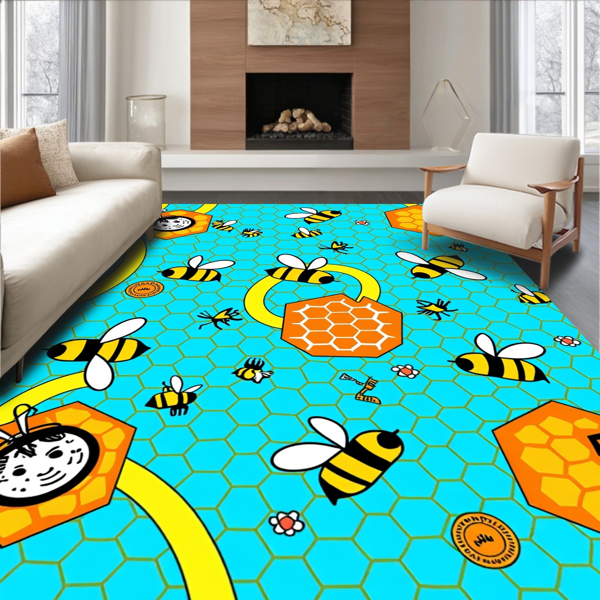 Whimsical Yellow Bee Honeycomb Turquoise Rug