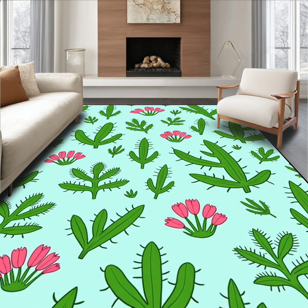 Whimsical Green Cactus Pink Bloom Rug