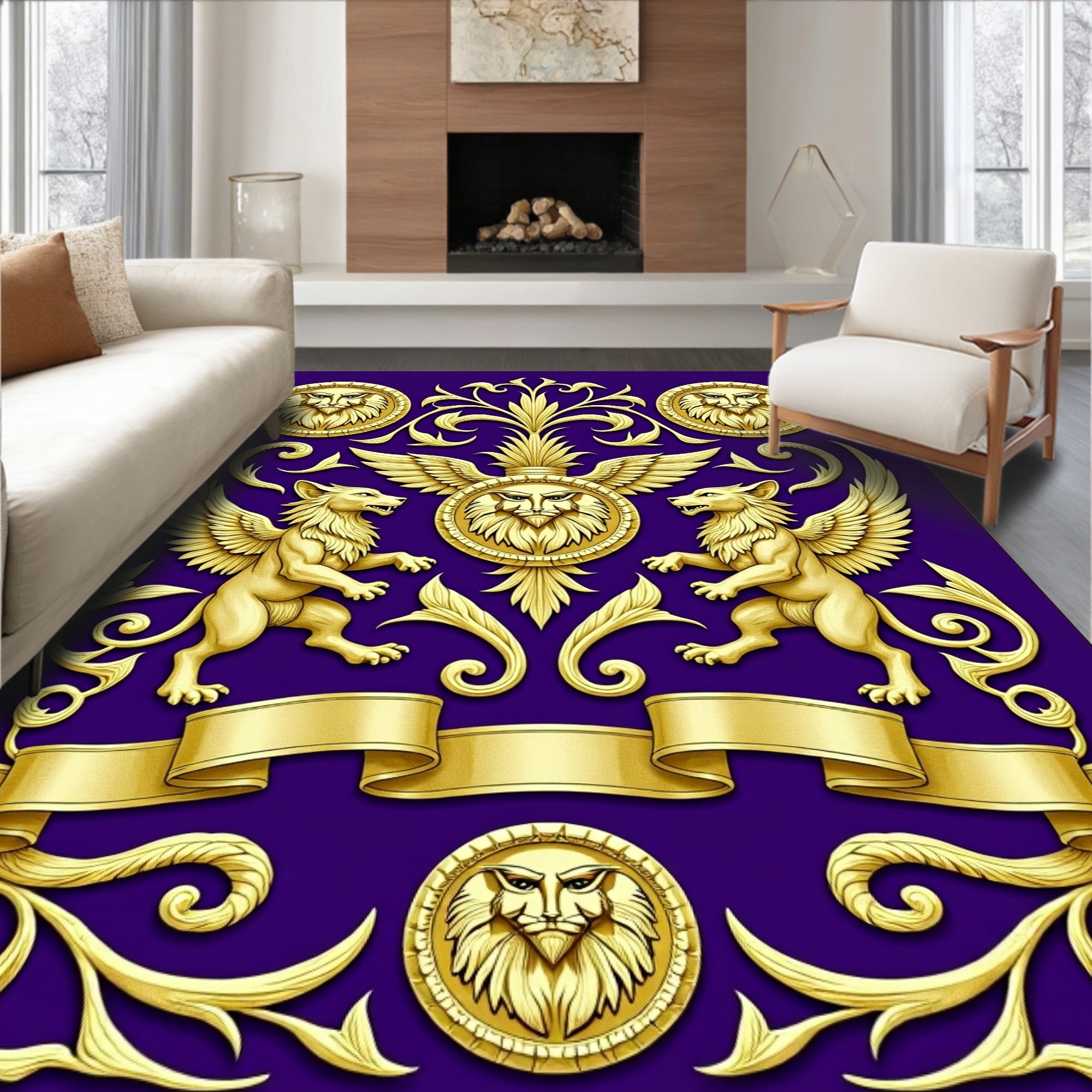 Golden Mythical Griffin Rampant Crest Rug