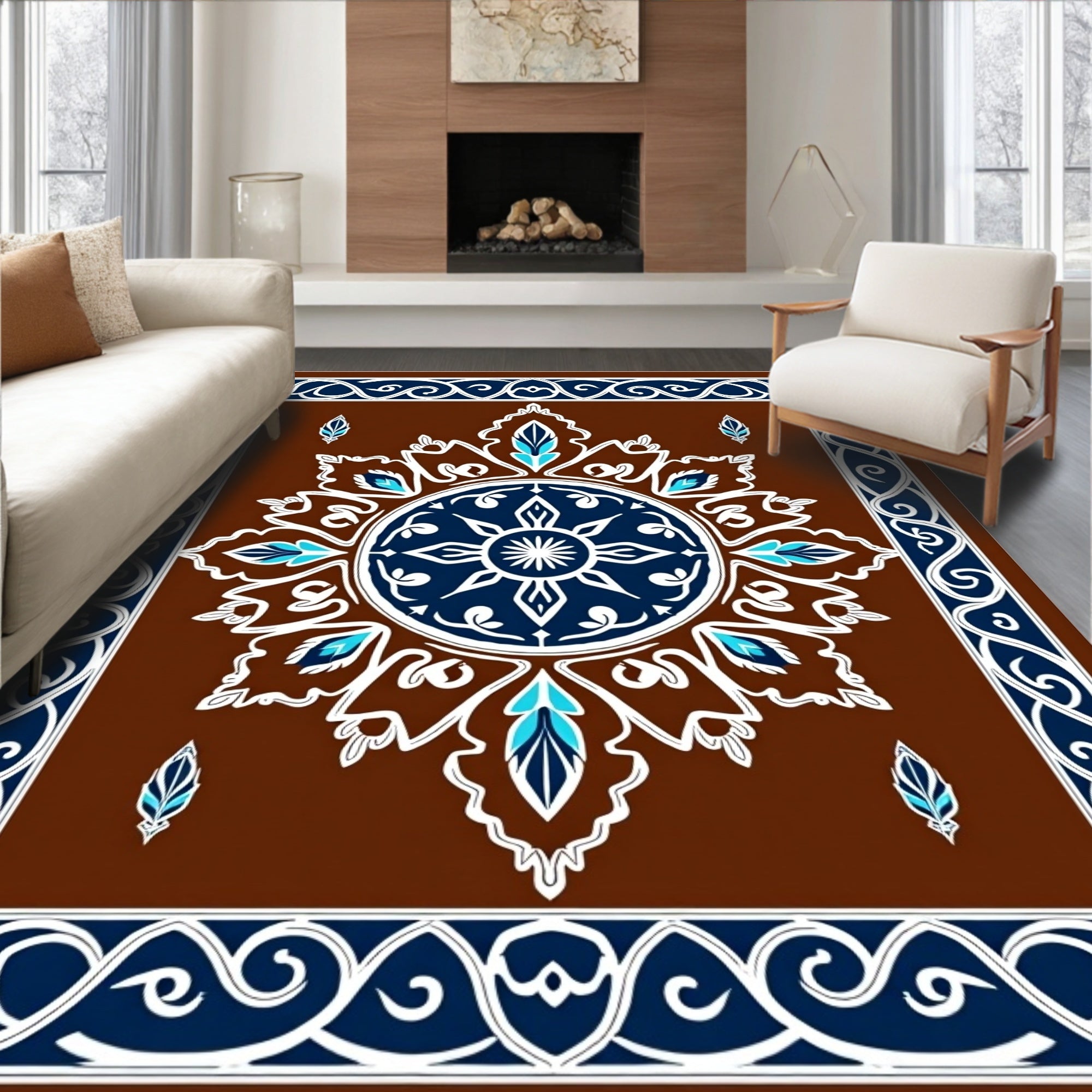 Brown Blue White Ornamental Medallion Rug