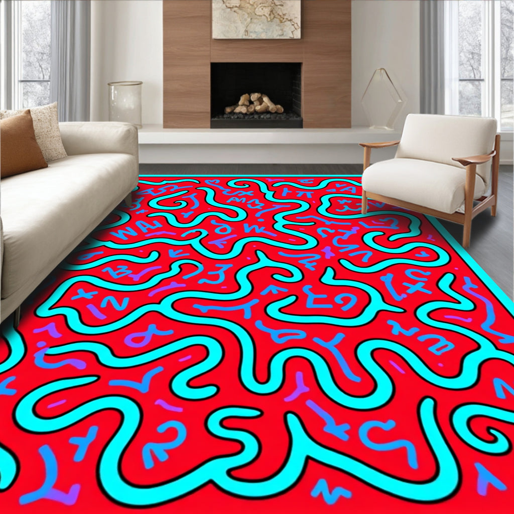 Red Teal Abstract Scribble Maze Rug