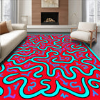 Red Teal Abstract Scribble Maze Rug