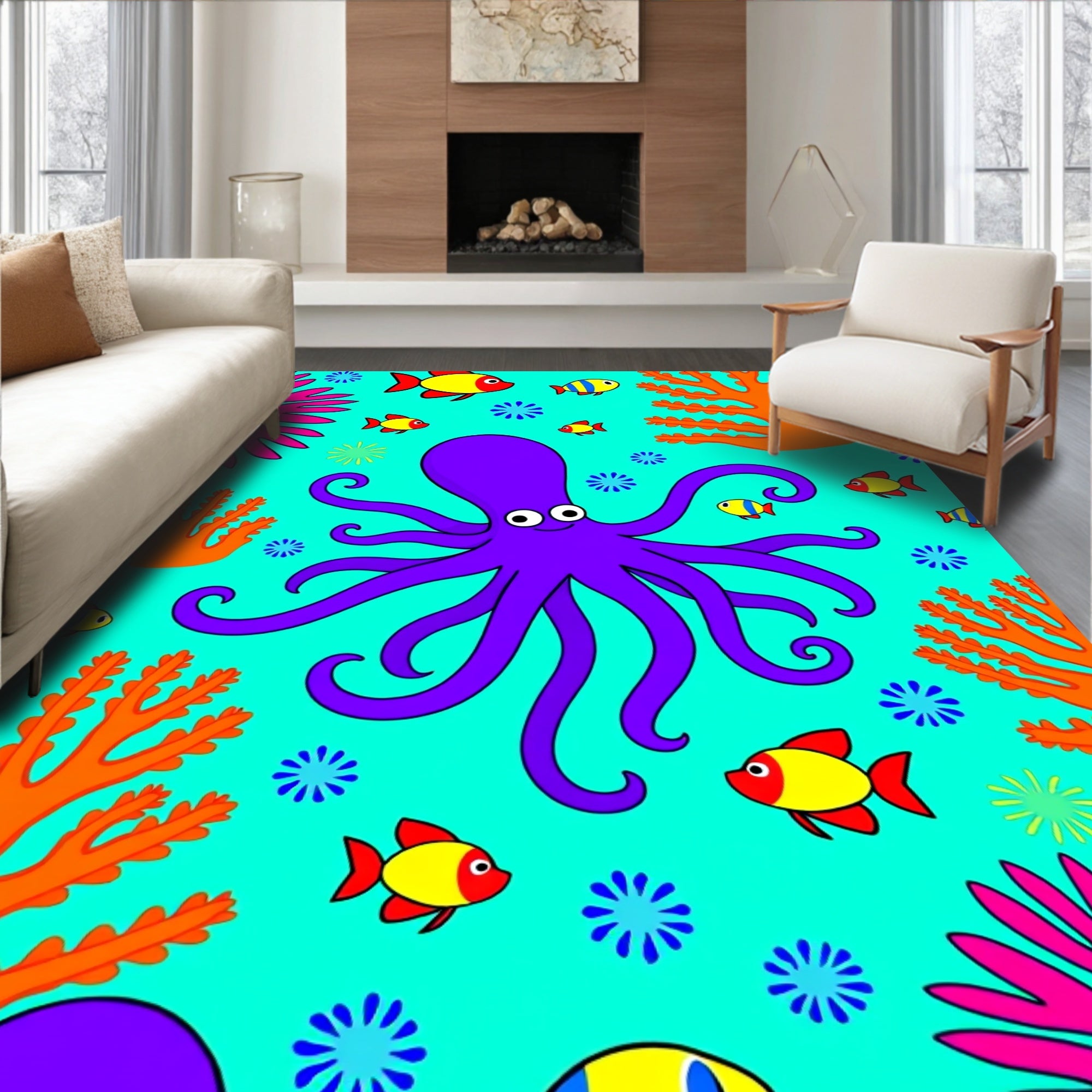 Vibrant Purple Octopus Coral Reef Scene Rug