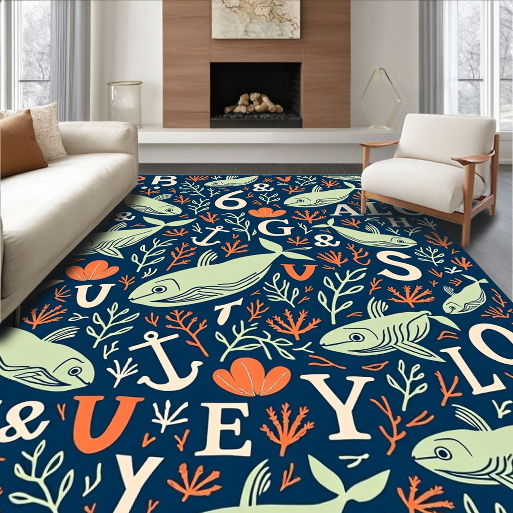 Marine Life Alphabet Illustration Rug