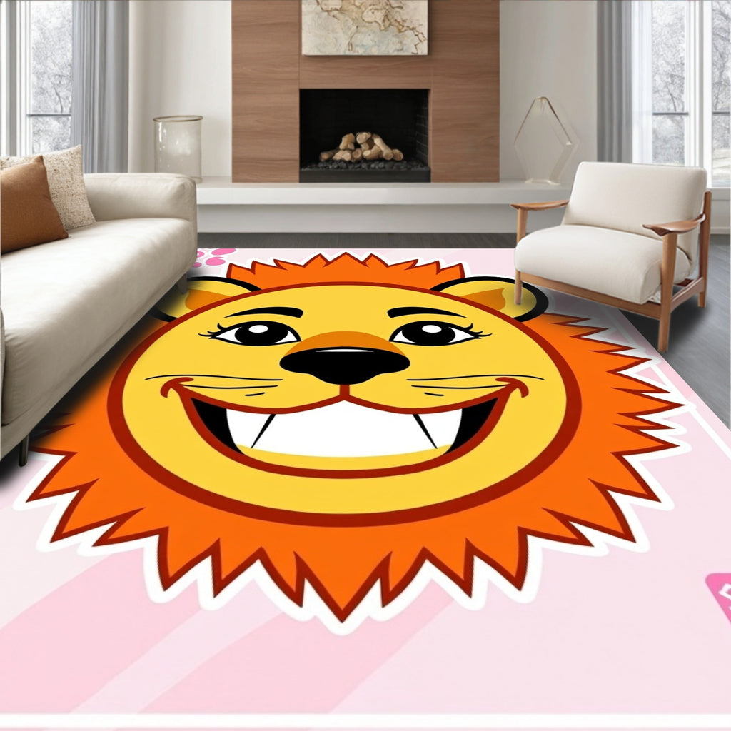 Cheery orange lion face pink background Rug