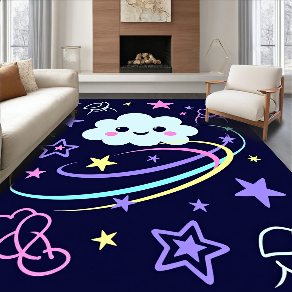 Whimsical Cloud And Stars Swirl Rug