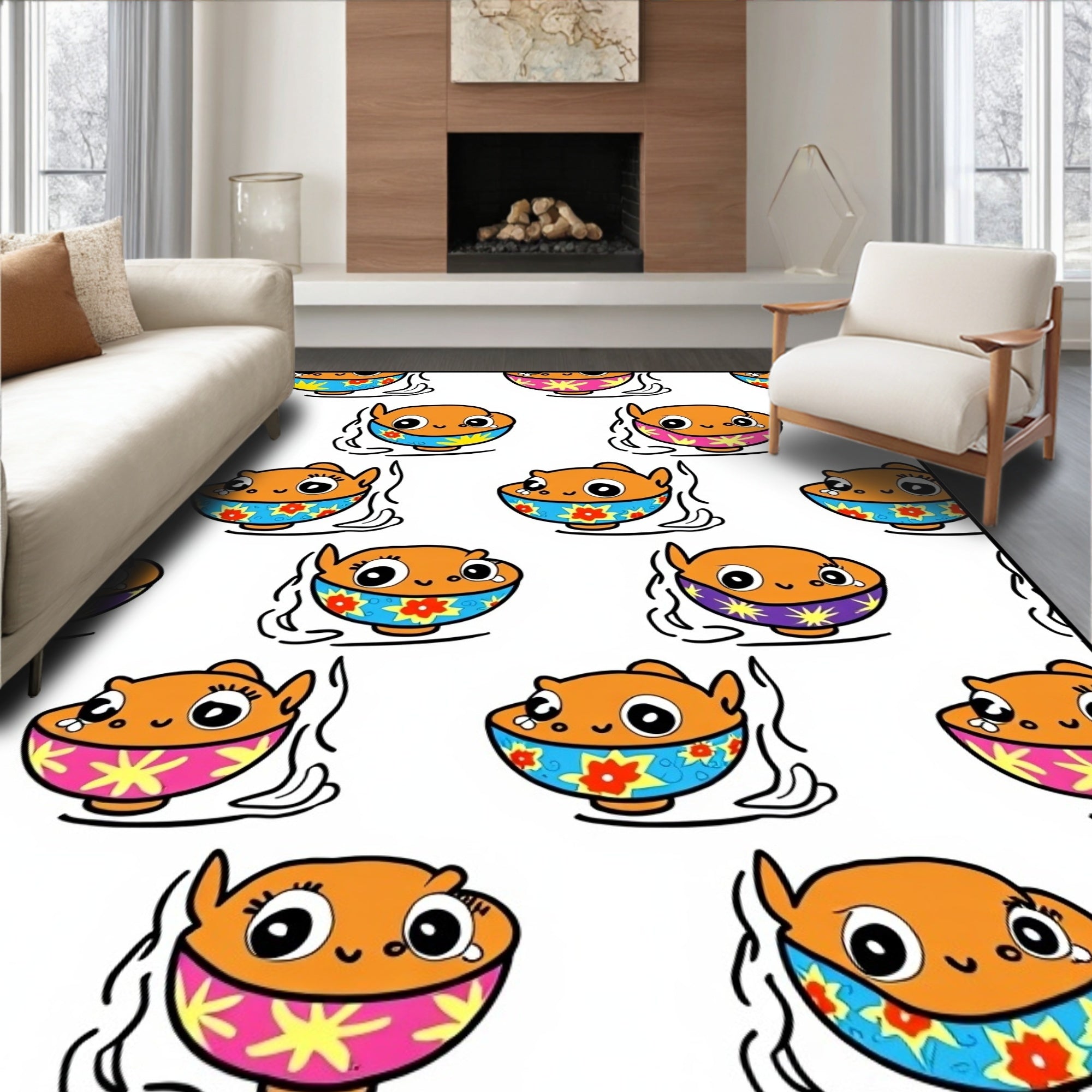 Cute Orange Fish Bowl Print Rug