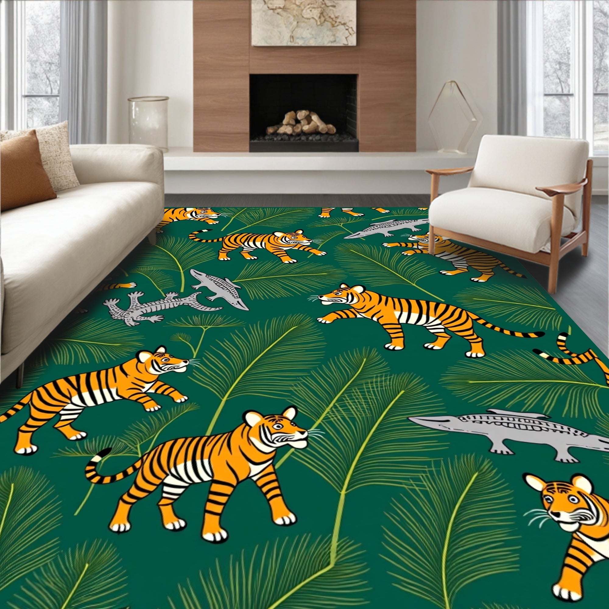 Jungle Tigers With Ferns And Crocodiles Rug