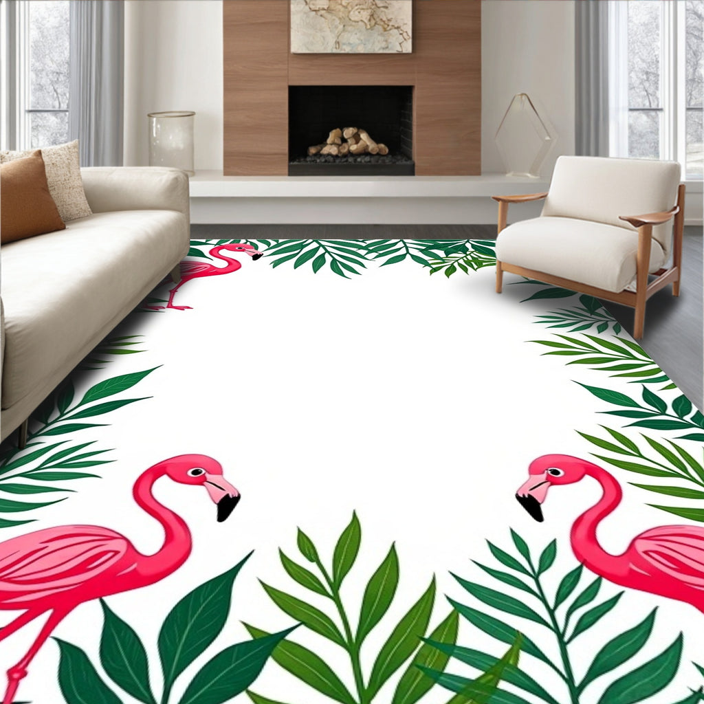 Pink Flamingos with Green Tropical Leaves Rug