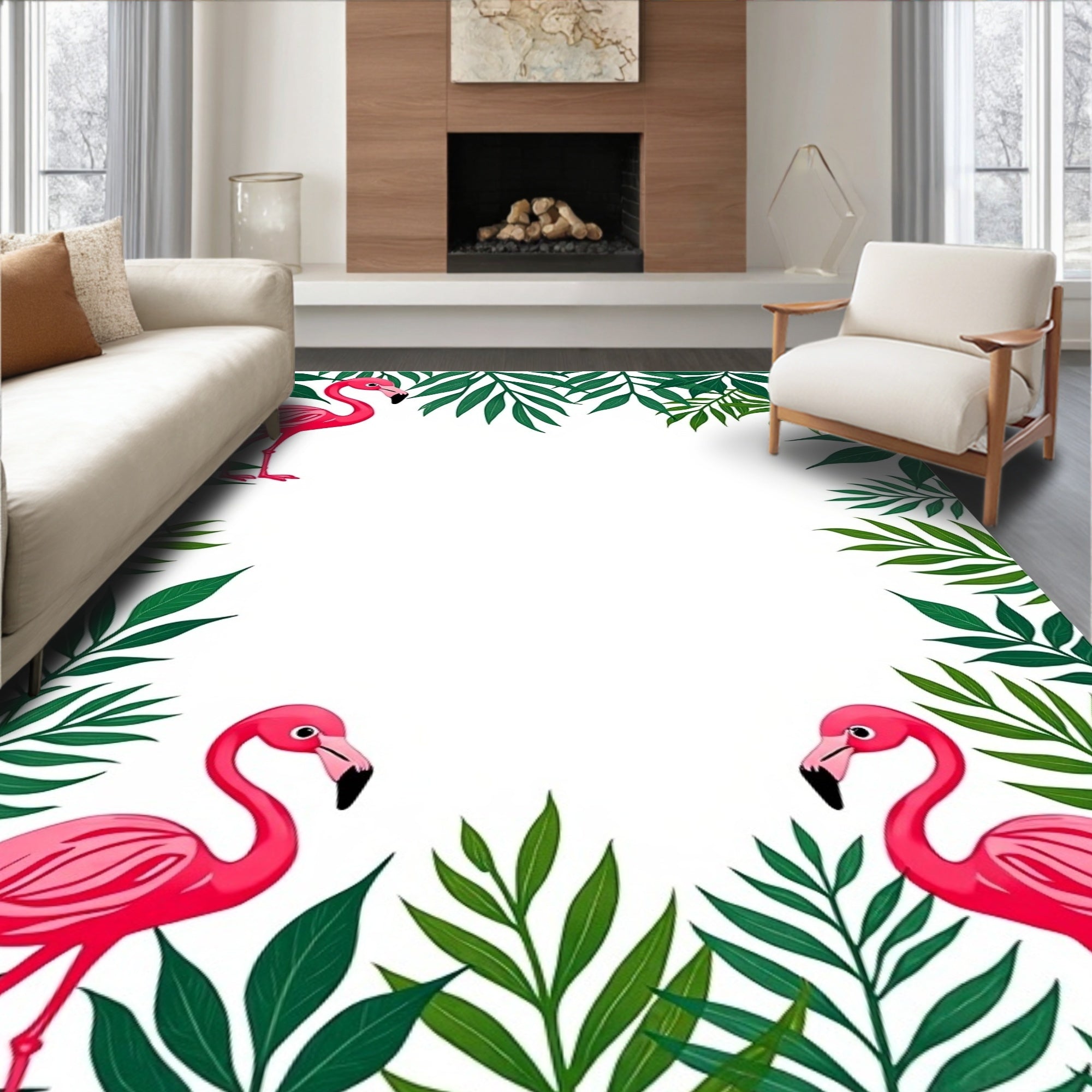 Pink Flamingos with Green Tropical Leaves Rug