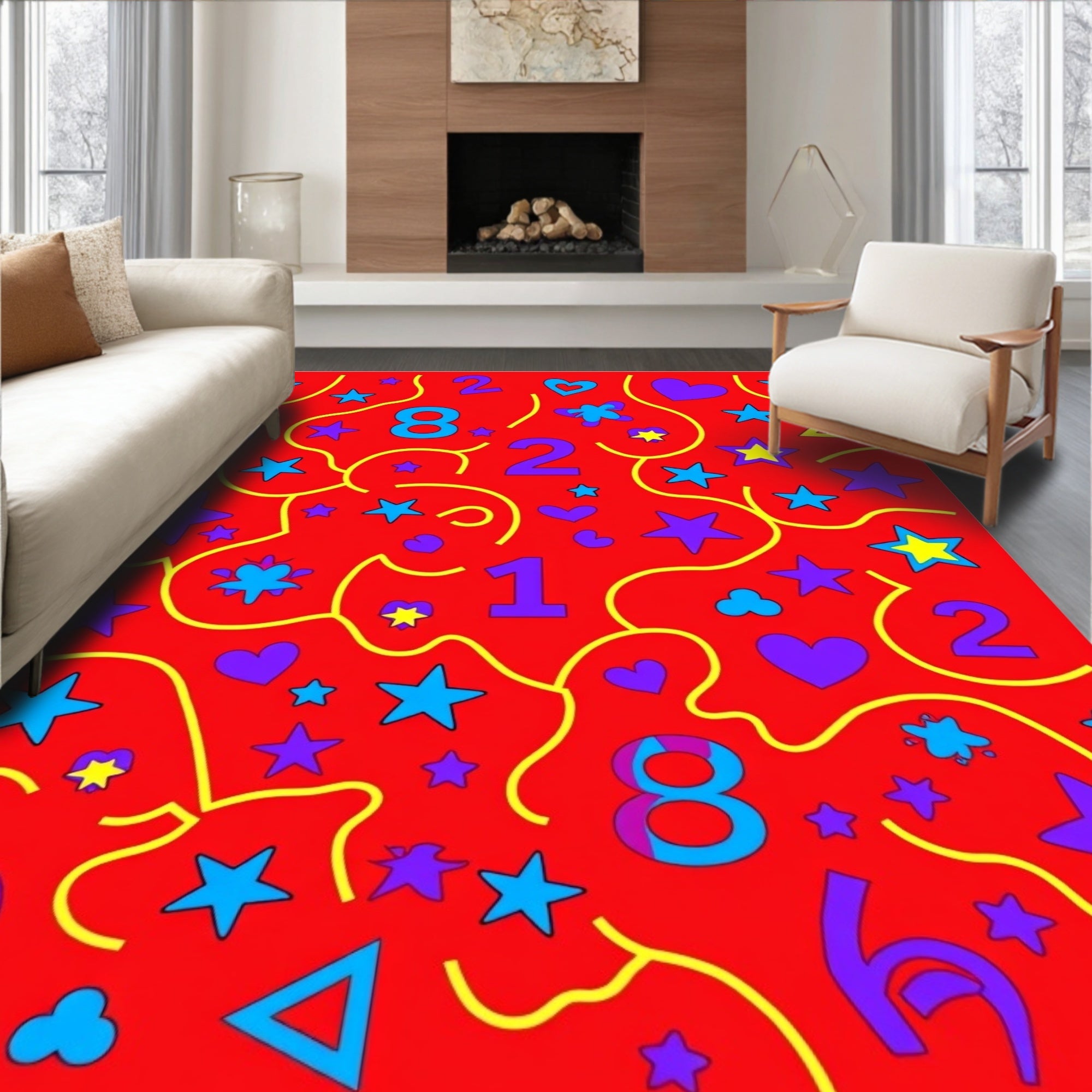 Playful Red Stars Hearts Numbers Rug